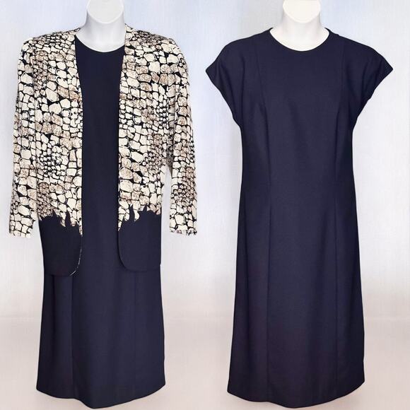 Vintage 80s Jo Hanna York Midi Dress & Jacket Set Sz 16 Blue Gold Metallic Glam - Picture 1 of 11